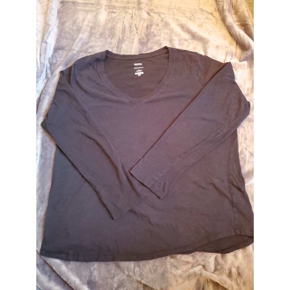 Sonoma Women's Everyday T Size Large Black 100% Cotton Long Sleeve V Neck - Picture 2 of 7